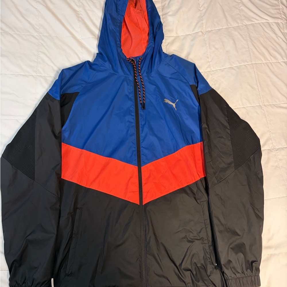 Puma Men's Blue and Black Windbreaker with Orange Accents